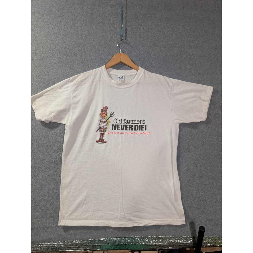 Vintage Anvil Funny Farmer Graphic T-Shirt White Mens Large Humor Tee